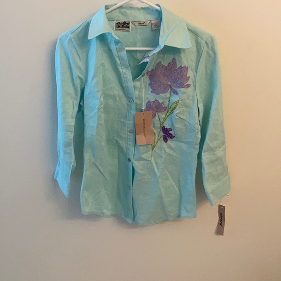 NWT Irish Linen Button Down Blouse W/Floral Design - Picture 3 of 10